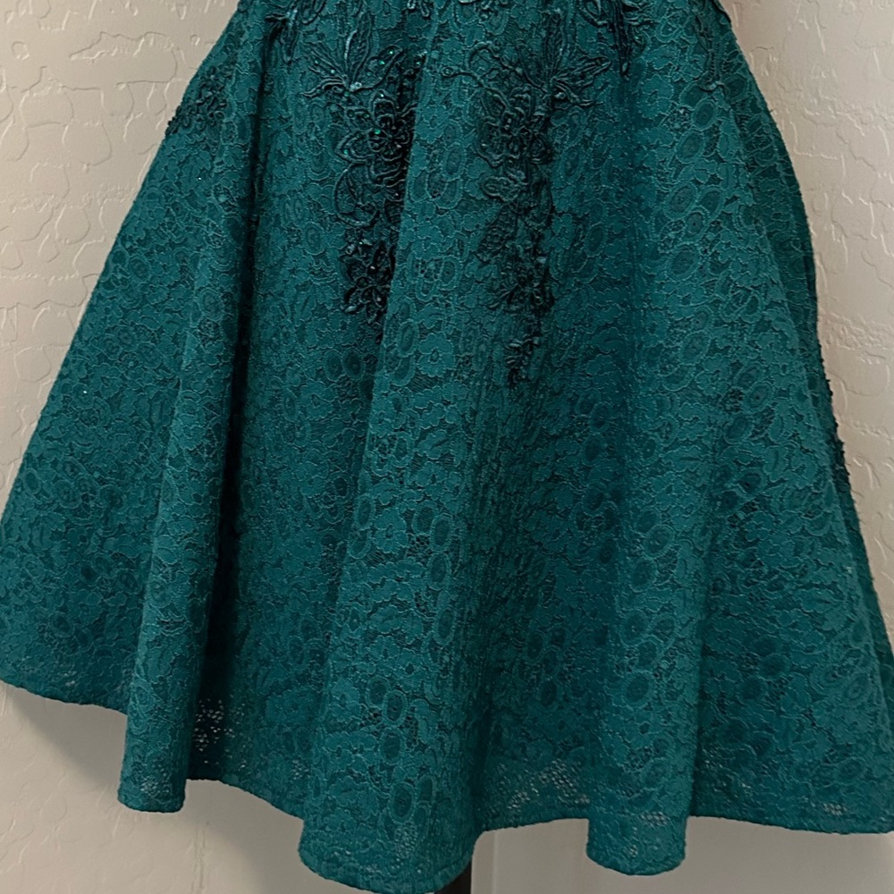 NEW JOVANI SZ 8 HUNTER GREEN NUDE ILLUSION FIT FLARE BEADED LACE FORMAL DRESS - Picture 9 of 14